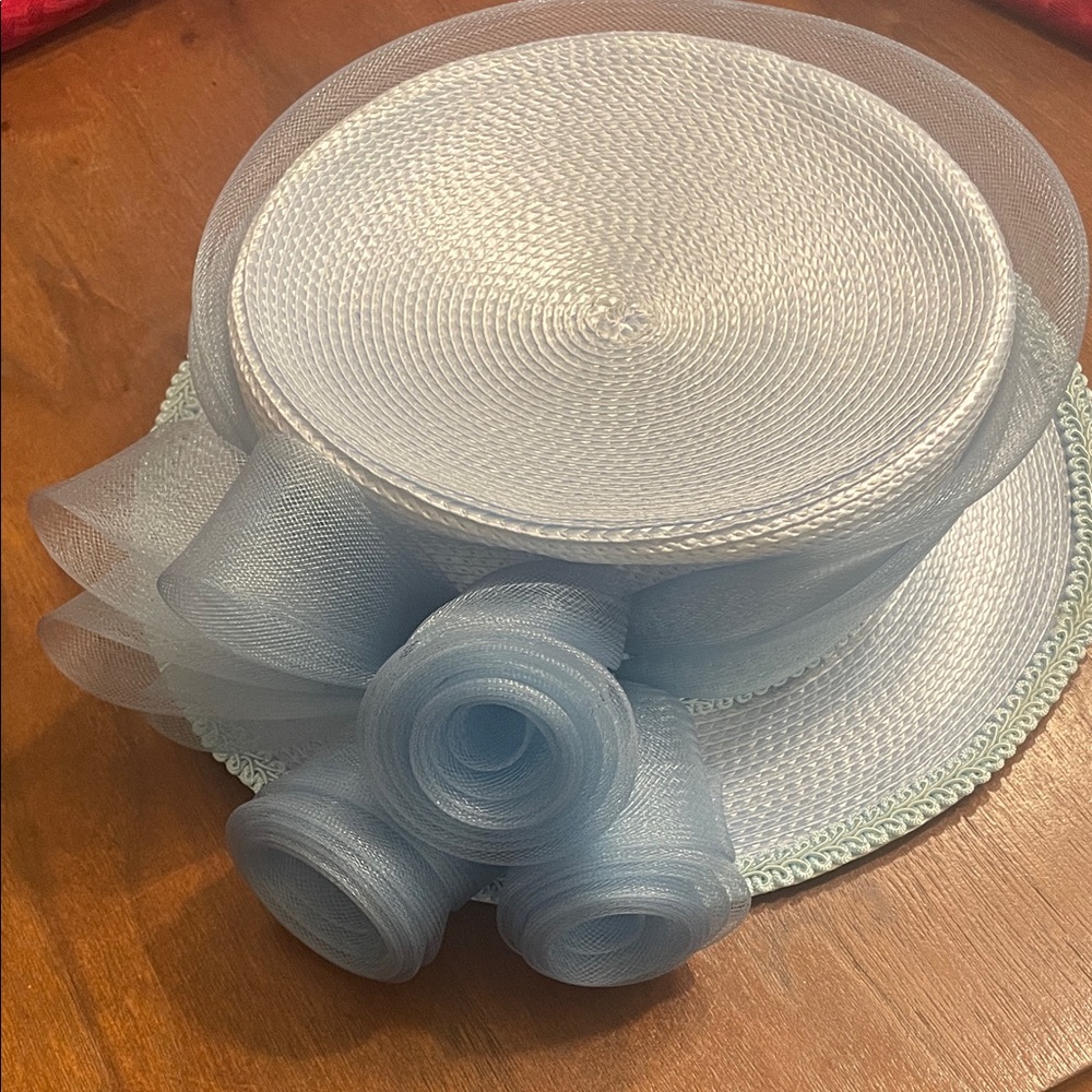 Blue Derby Church Hat Mesh Rosette Tea Party Wedding - Picture 3 of 14